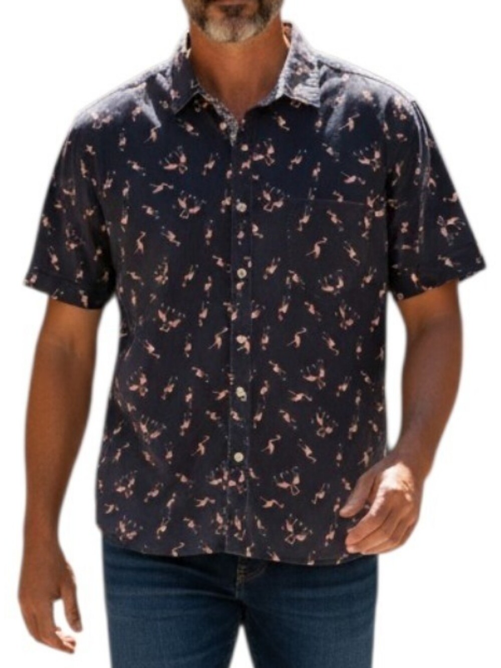Van Heusen Navy Blue Flamingo Print Button Down Short Sleeve Shirt